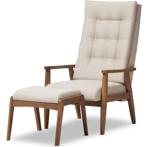 Roxy Accent Chair & Ottoman in Tufted Beige Fabric & Walnut Finish